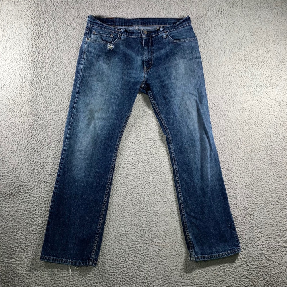 Levi 514 Straight Fit Jeans Mens 34x30 Blue Grunge Distressed Dark Wash Utility